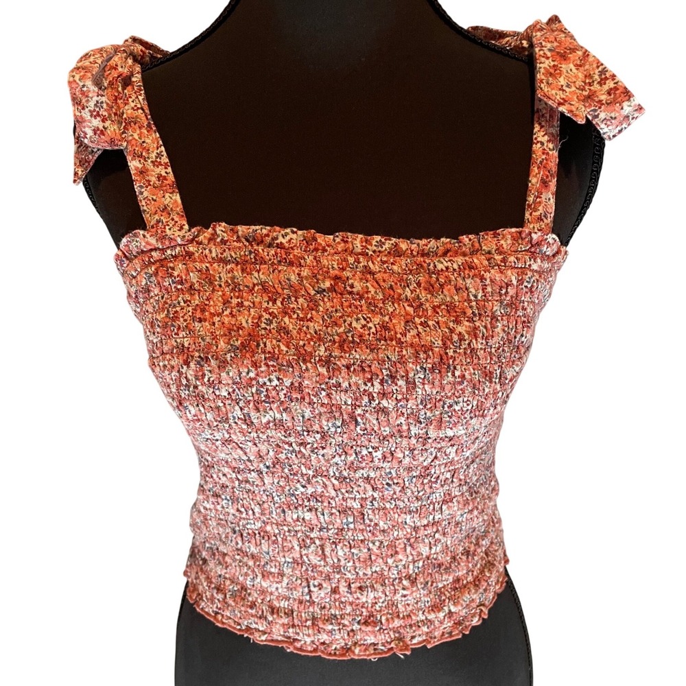 Abercrombie &‎ Fitch Smocked Floral Tie Shoulder Crop Tank Top Terracotta M Boho - Picture 2 of 7